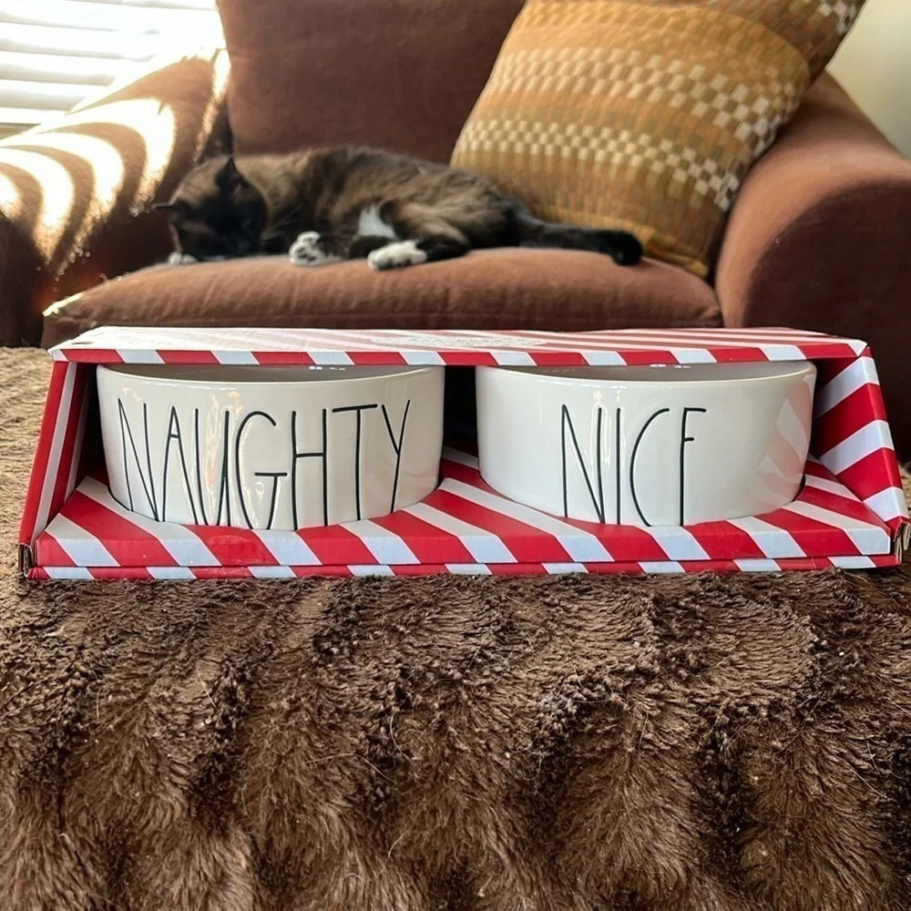Brand New Rae Dunn 6” Dog Cat Pet Food Bowls Ceramic Naughty Nice Christmas